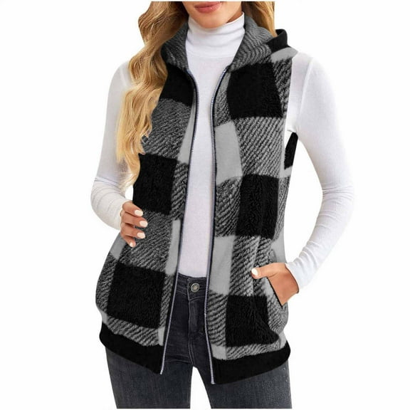 gbyLJF Women's Plaid Sleeveless Coat Thickened Double-sided Fleece Zipper Cardigan Fall Winter Hooded Warm Jacket with Pocket