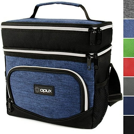 opux premium thermal insulated dual compartment lunch bag for men | double deck reusJle lunch tote with shoulder strap, soft leakproof liner | medium lunch box for work, office (heather navy)