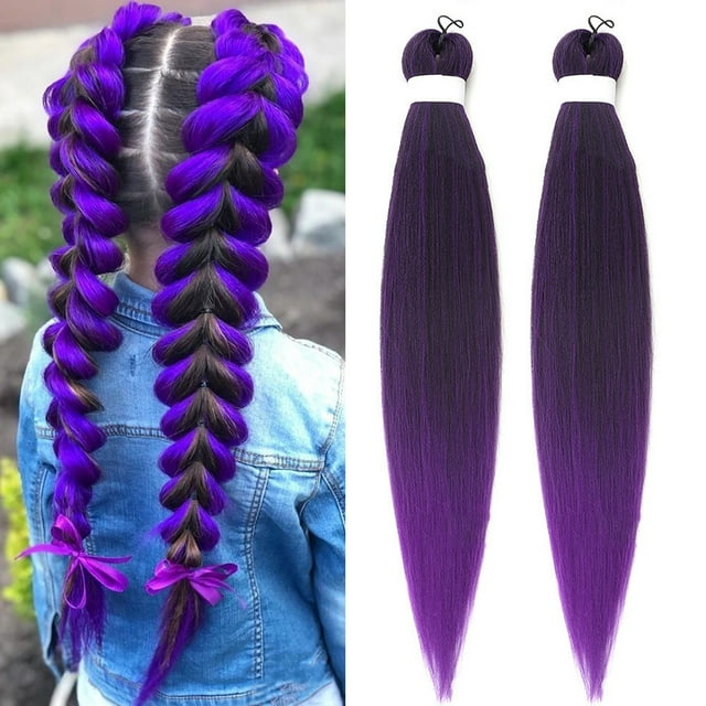 Trenza Ignífuga Morada de 66 Cm, Cabello Sintético Preestirado | Trenzas Diy para Festivales, 90 G