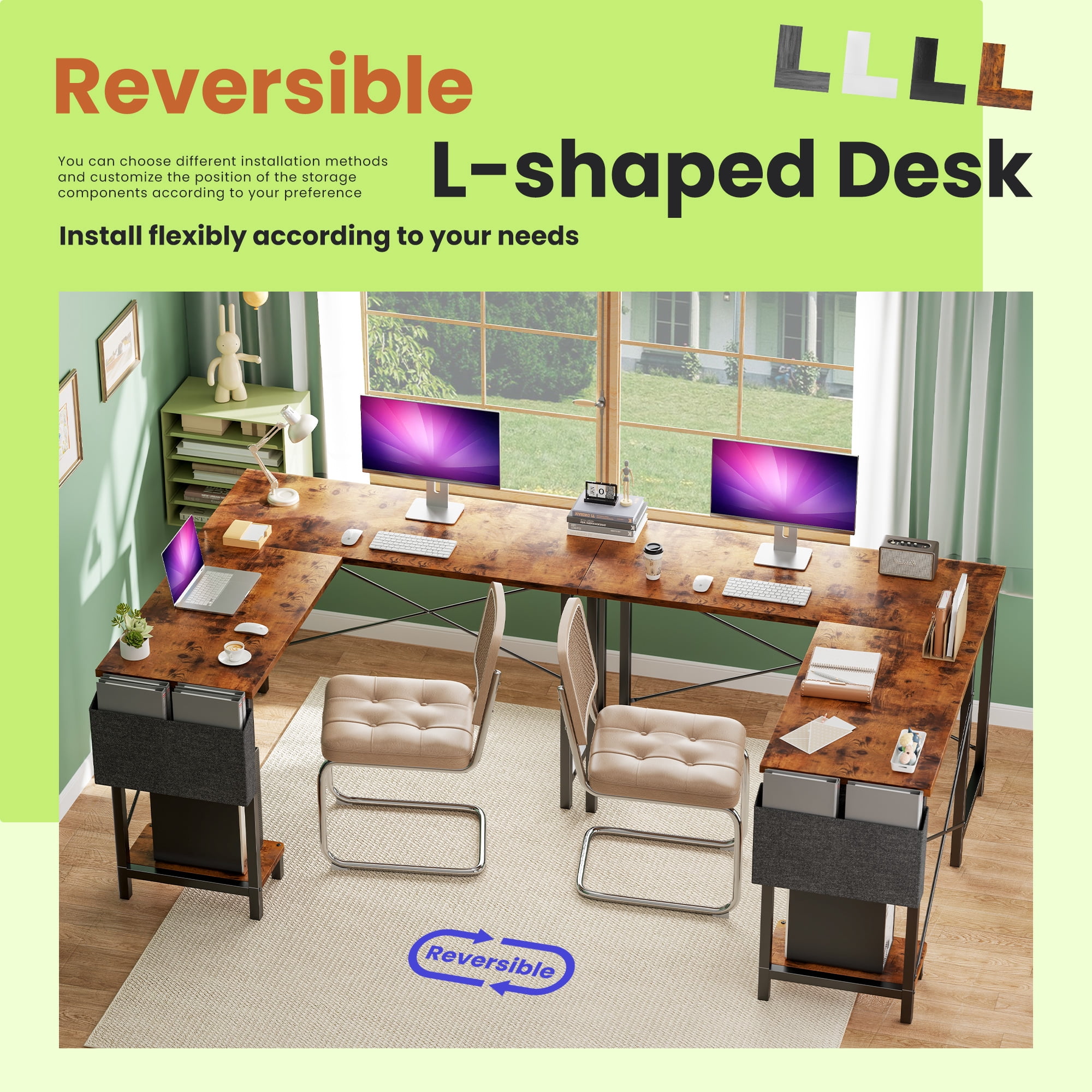 KPUY 49-Inch L Shaped Desk with CPU Stand Side Bag, Gaming Desk Home Office Desk for Home Office Dorm Sturdy Writing Workstation, Brown