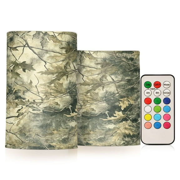 2 PCS Flameless Candles with Remote Timer LED Battery Operated Flickering Candle Light for Wedding Table Home Decoration Gifts Green Camouflage Pattern