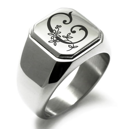 Initial Signet Ring - Stainless Steel Letter C Initial Floral Monogram Engraved Engraved Square Flat Top Biker Style Polished Signet Ring