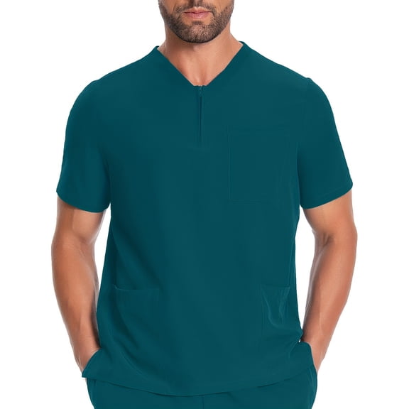 Yaoyar Mens Partial Zip V-Neck Scrub Top, Rib-Knit Panels, 2 Zip Pockets, 1 Welt Pocket PROTX2 Fabric- IN702A