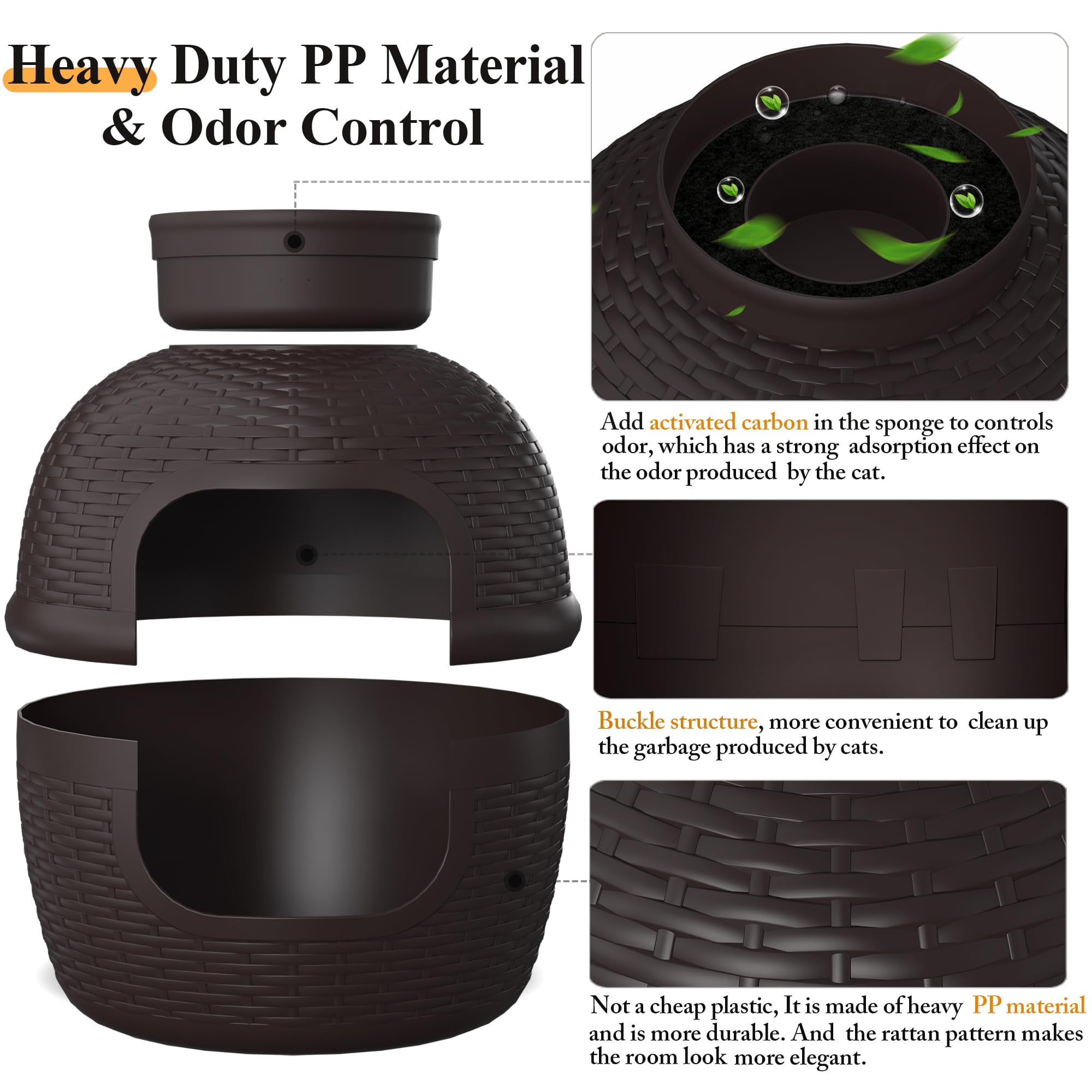 Hidden Litter Box with Faux Plant, Cat Litter Box Furniture with Rattan Pattern for Large Cat, Carbon Filter, Easy Assemble & Clean, Brown