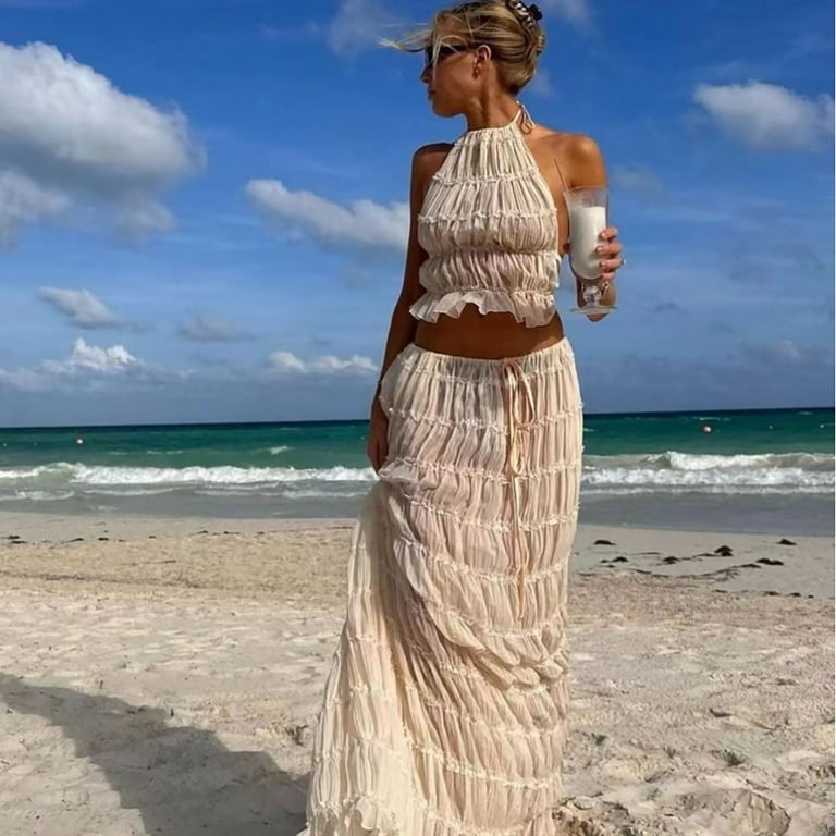 WTXUE Maxi Dresses, Backless Dress Two Piece Skirt Sets Halter Neck, Women  Skirt Set Crop And Mini Skirts Sets Summer Outfits Going Out Streetwear  Solid A-Line Maxi Women, Beige Size L -