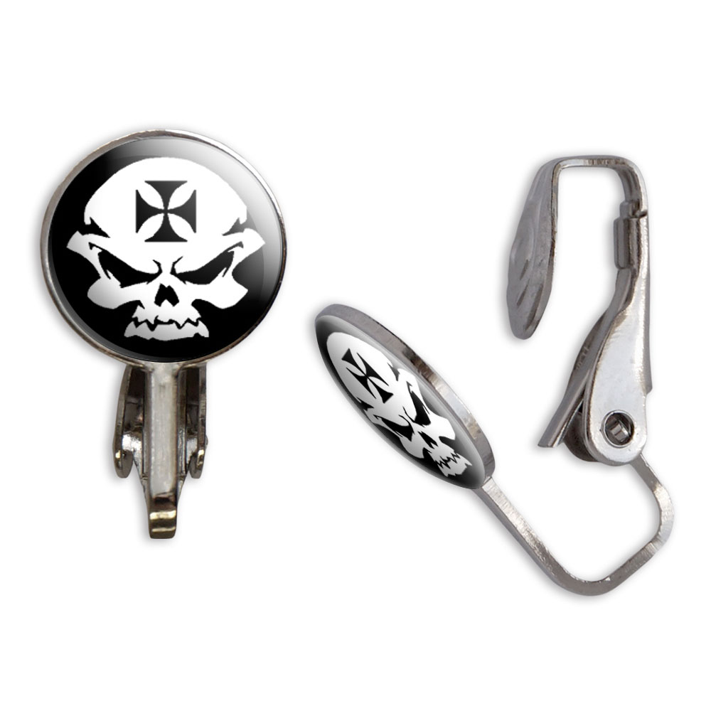 Iron Maltese Cross Biker Skull Clip-On Stud Earrings