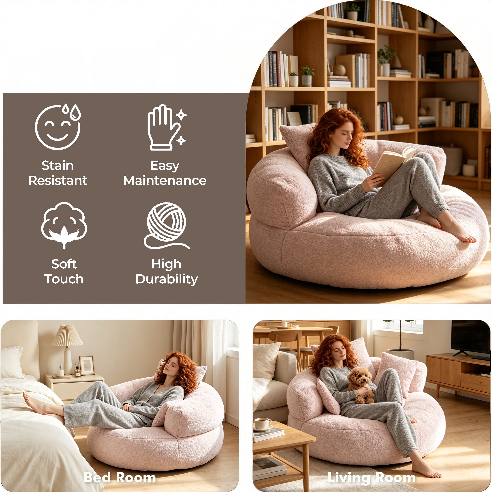 MOONMISS Oversized Bean Bag Chair, Chenille Lazy Bean Bag Sofa with Wrap-Around Backrest & Pillows for Living Room,Pink
