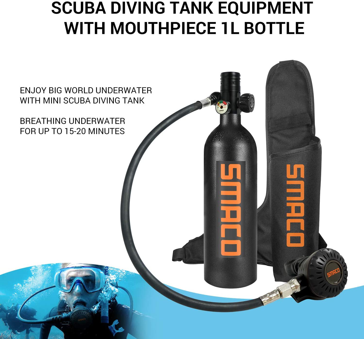 SMACO Scuba Diving Tank Equipment Mini Dive Cylinder with 15-20 Min Capability 
