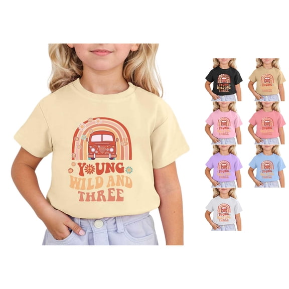 VOUZZA Young Wild and Three Girls T-Shirt 3rd Birthday Graphic Short Sleeve Round Neck Tee Top for Kids Summer Celebration Cotton Shirt Party Outfits