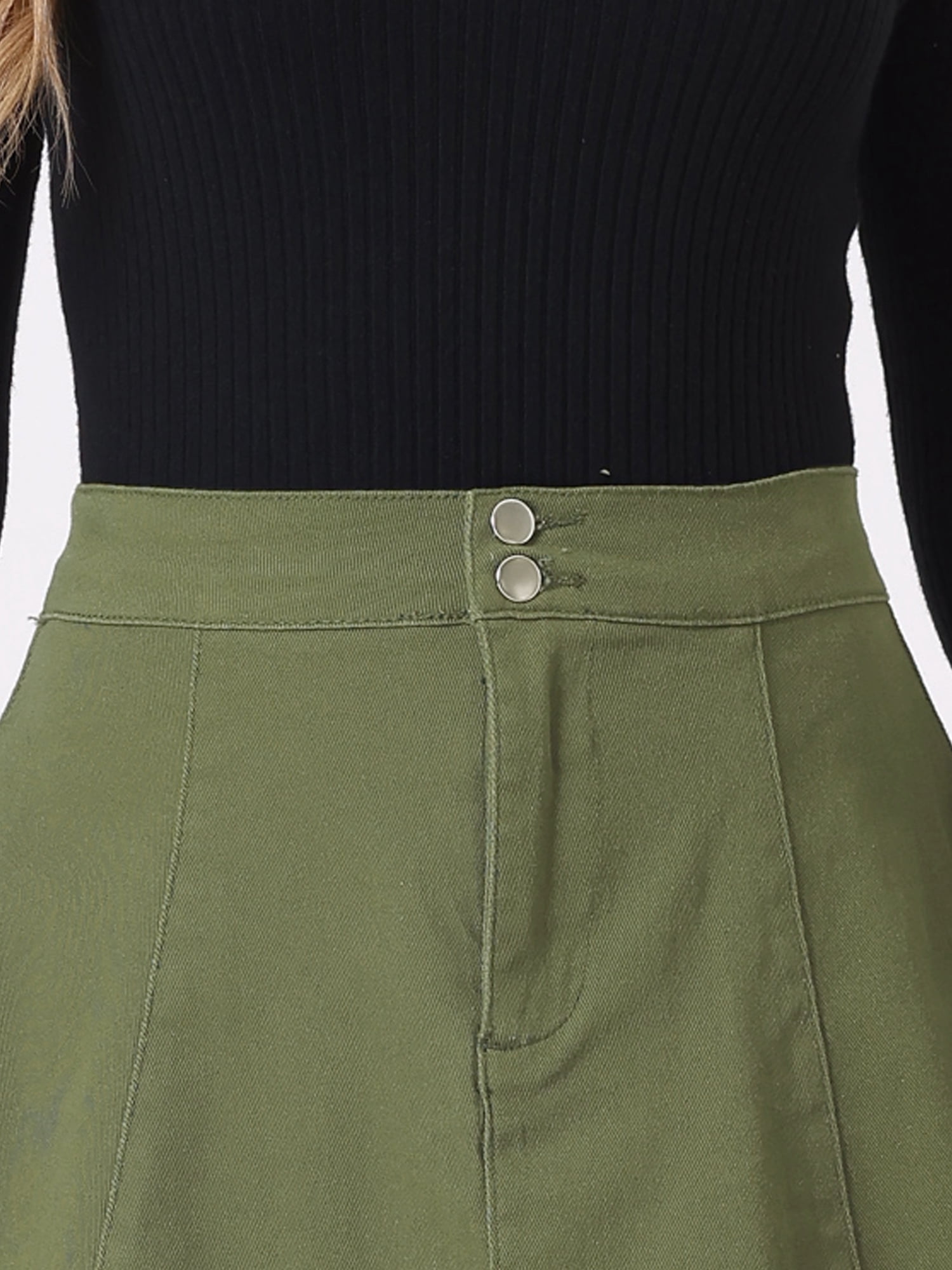 DARING DIVA Women's A-Line Flared Pleated Midi Denim Skirt M Army Green