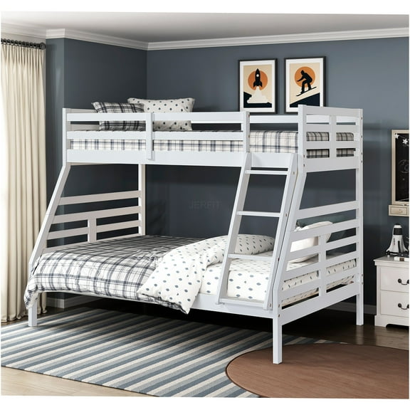 JERFIT Twin over Full Bunk Bed, Space Saving Wood Bunk Bed with Ladder and Guardrails, White Finish, No Box Spring Needed