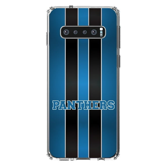 DistinctInk Clear Shockproof Hybrid Case for Samsung Galaxy S10 (6.1" Screen) - TPU Bumper, Acrylic Back, Tempered Glass Screen Protector - Blue Black Panthers - Football Team