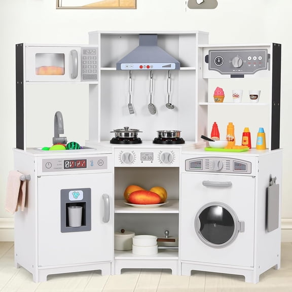 LAZY BUDDY Wooden Corner Play Kitchen for Kids with Light & Sound, Toddler Kitchen Playset Interactive Cooking Toy with Ice Maker, Towel Rack