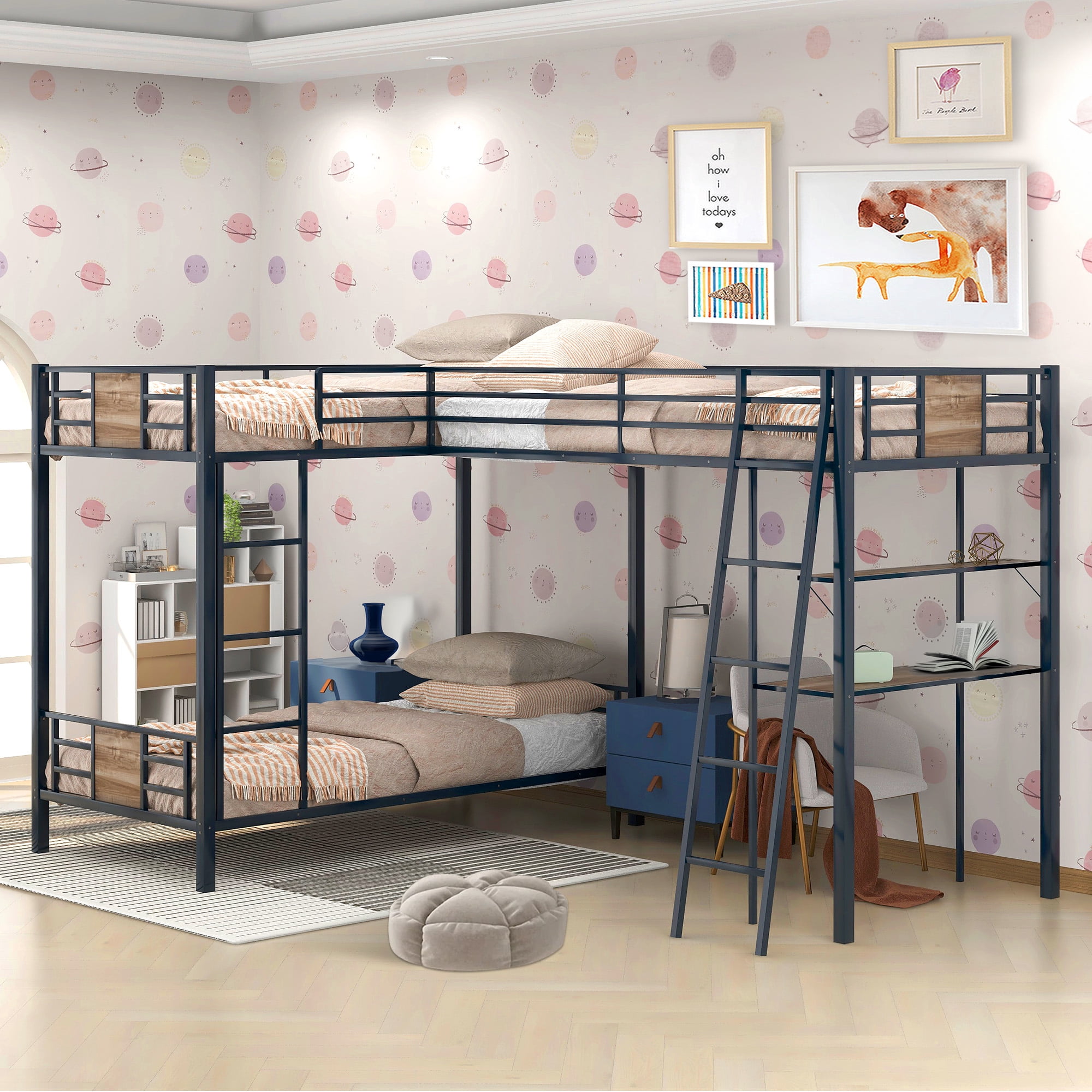Aukfa Triple Bunk Bed with Desk and Shelf, L-Shaped Metal Bunk Bed with a Twin Loft Bed for 3 Kids, Twin Over Twin - Black