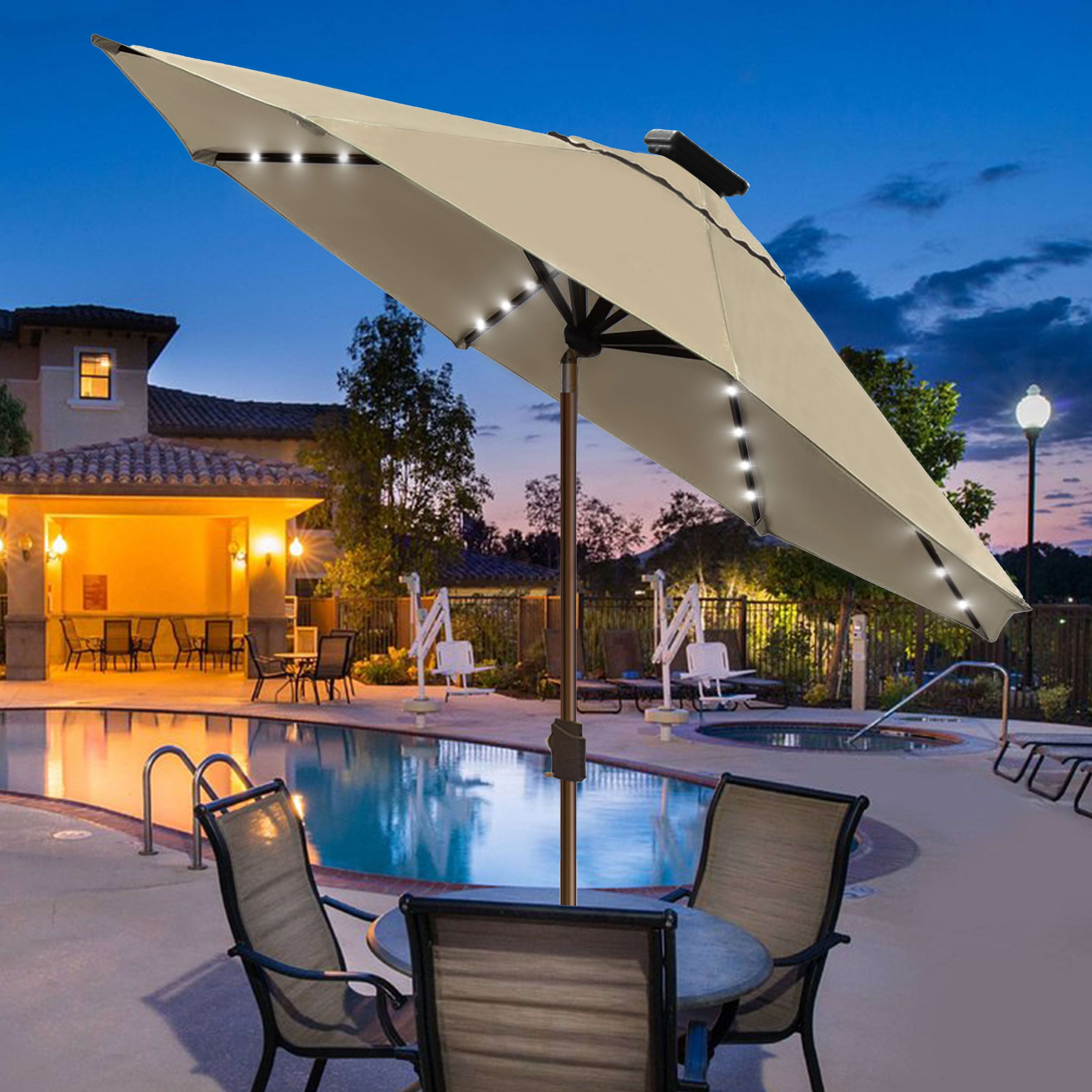 EliteShade Sunbrella Solar Umbrellas 9ft Market Umbrella with 80 LED Lights Patio Umbrellas Outdoor Table Umbrella with Ventilation and 5 Years Non-Fading Top,Beige