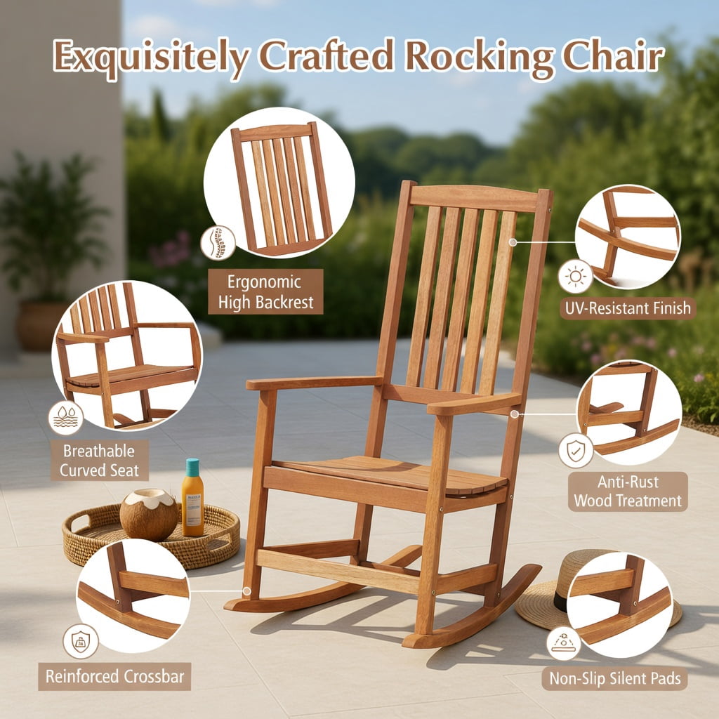 Hommoo Ergonomic Hardwood Patio Rocking Chair, High-Back Outdoor Rocker with Smooth Rocking Base for Backyard, Porch & Balcony, Natural
