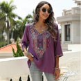 thumbnail image 3 of Women's Summer Boho Embroidery Mexican Bohemian Tops V Neck 3/4 Sleeve Causal Loose Shirt Blouse Tun, 3 of 5