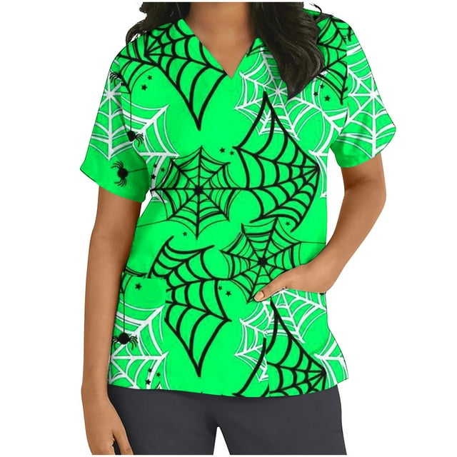 Dvkptbk Blouse Médicale pour Femmes Halloween Imprimé Citrouille Araignée avec Poches Mode Décontractée Col en V Manches Courtes