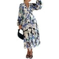 thumbnail image 2 of PENGXIANG Femmes Boho Floral Midi Robe Puff Sleeve V Cou Smocked Robes Longues Flowy Couches Robes d'Été, 2 of 9