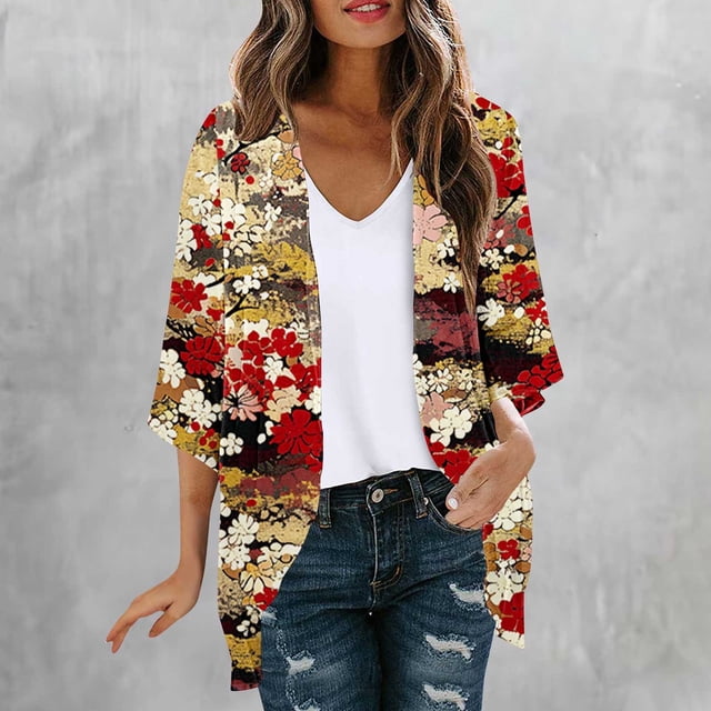 Cárdigan de manga larga para mujer, blusa informal estampada con bolsillo, abrigo tipo cárdigan para mujer