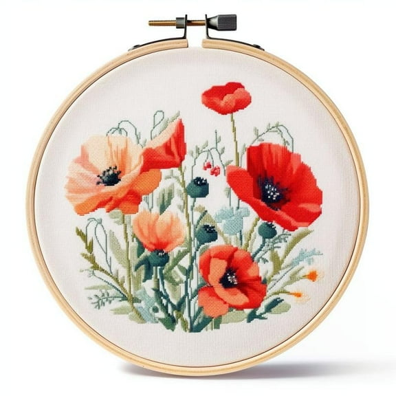 Counted Easy Cross Stitch Kits Poppies Color Stamped Embroidery for Starter Kits DIY 11CT Stamped Patterns Embroidery Needlework Kit Supplies 12 Inch Hoop Included(68-f)
