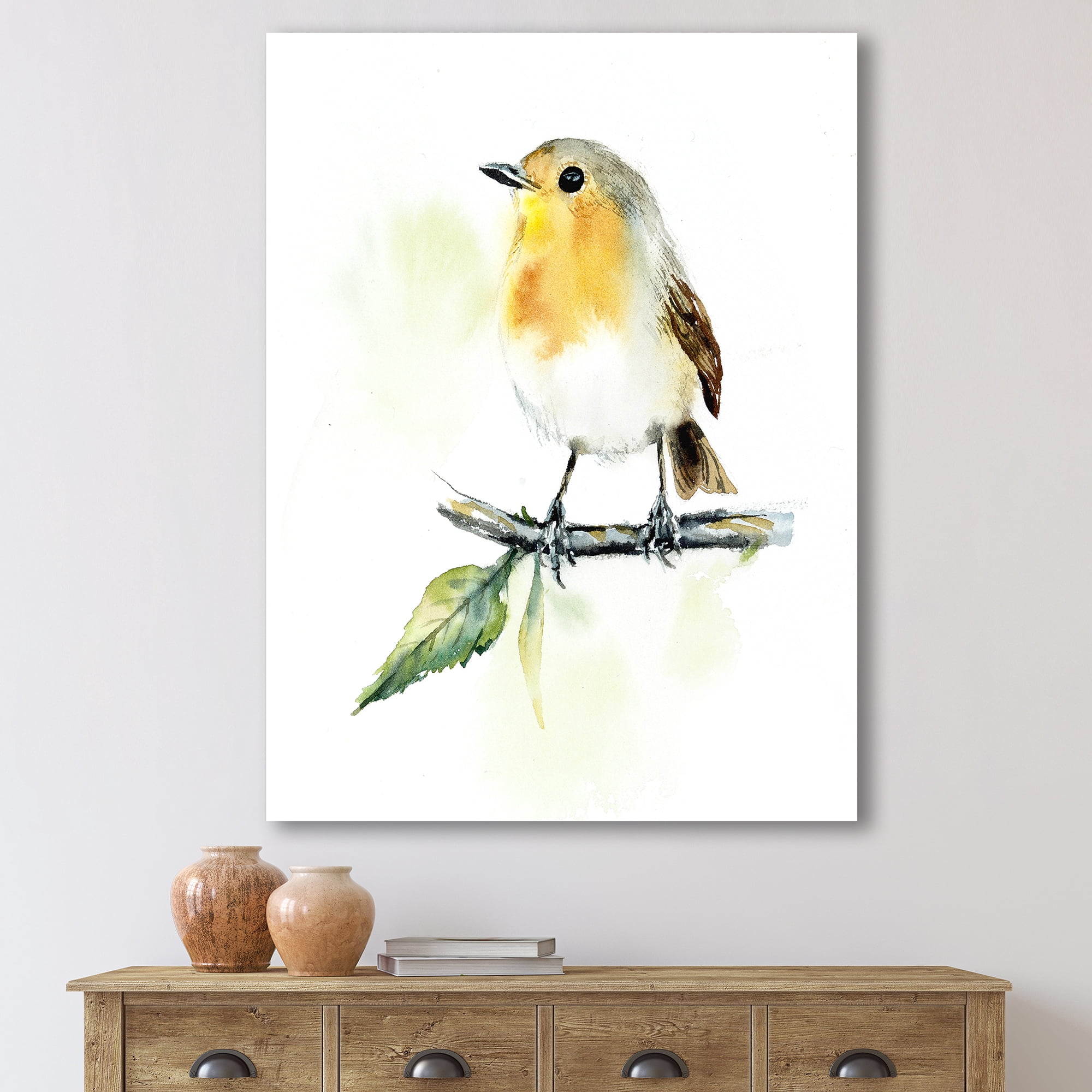 Designart ' Little Robin Bird Sitting On A Branch ' Traditional Canvas Wall Art Print