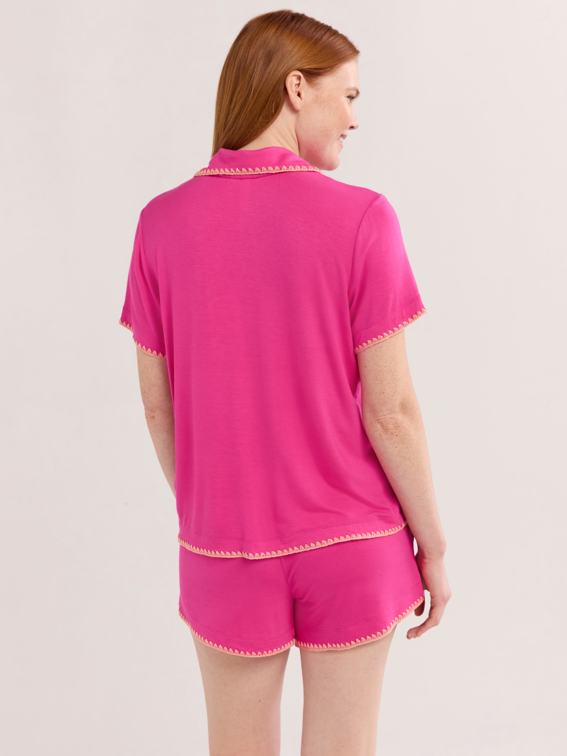 Joyspun Women’s Short Sleeve Notch Top and Shorts Pajama Set with Blanket Stitching, Sizes XS-3X