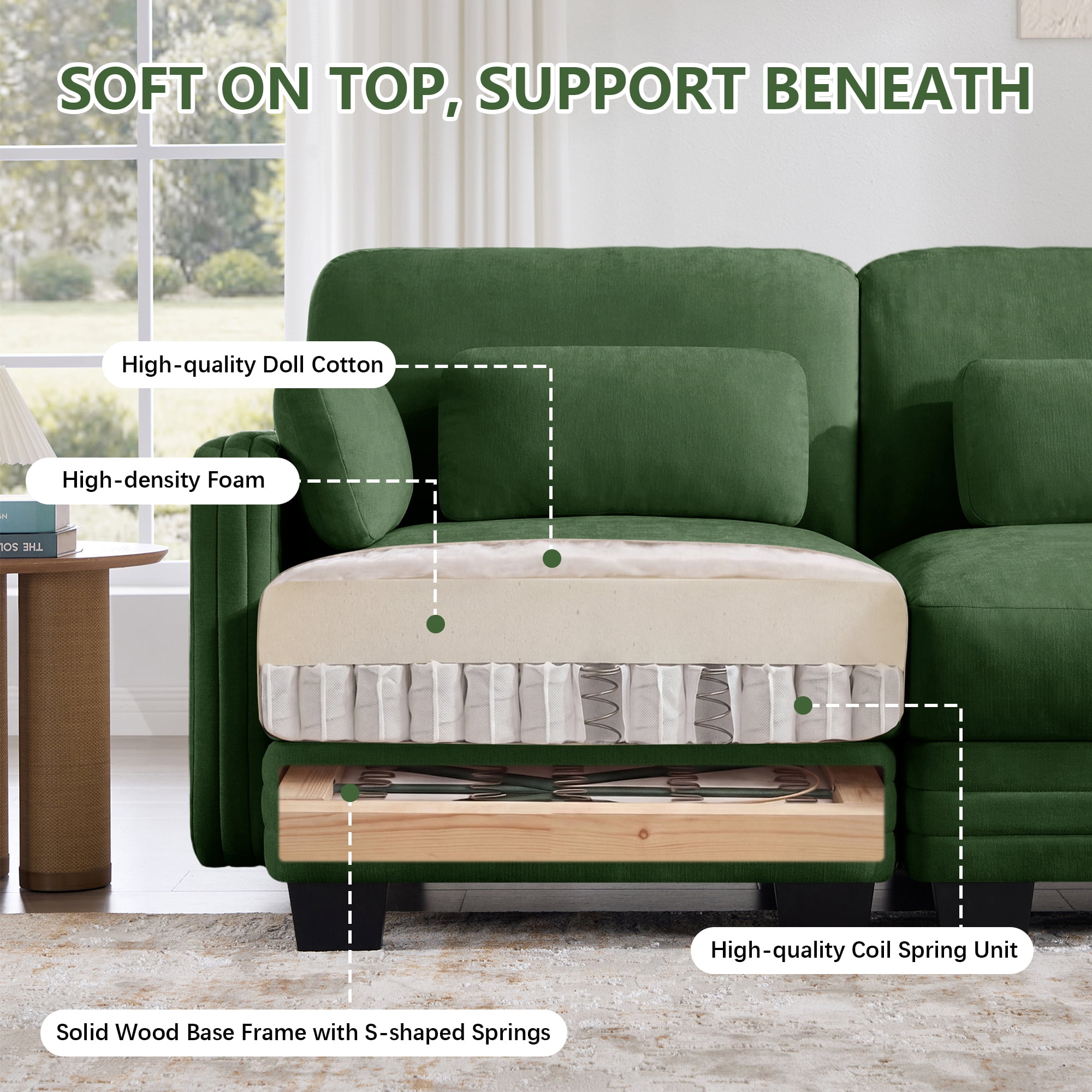 130" L Shape Modern Modular Sectional 4 Seater Sofa Couch with Movable Ottoman and 6 Pillows