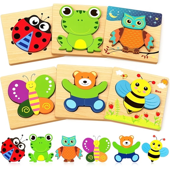 TAETOE Wooden Puzzles Toddler Toys Gifts for 1 2 3 Year Old Boys Girls, Animal Jigsaw Puzzles Montessori Toys, Learning Educational Christmas Birthday Gifts for Girls Boys Ages 1-3（6pcs）