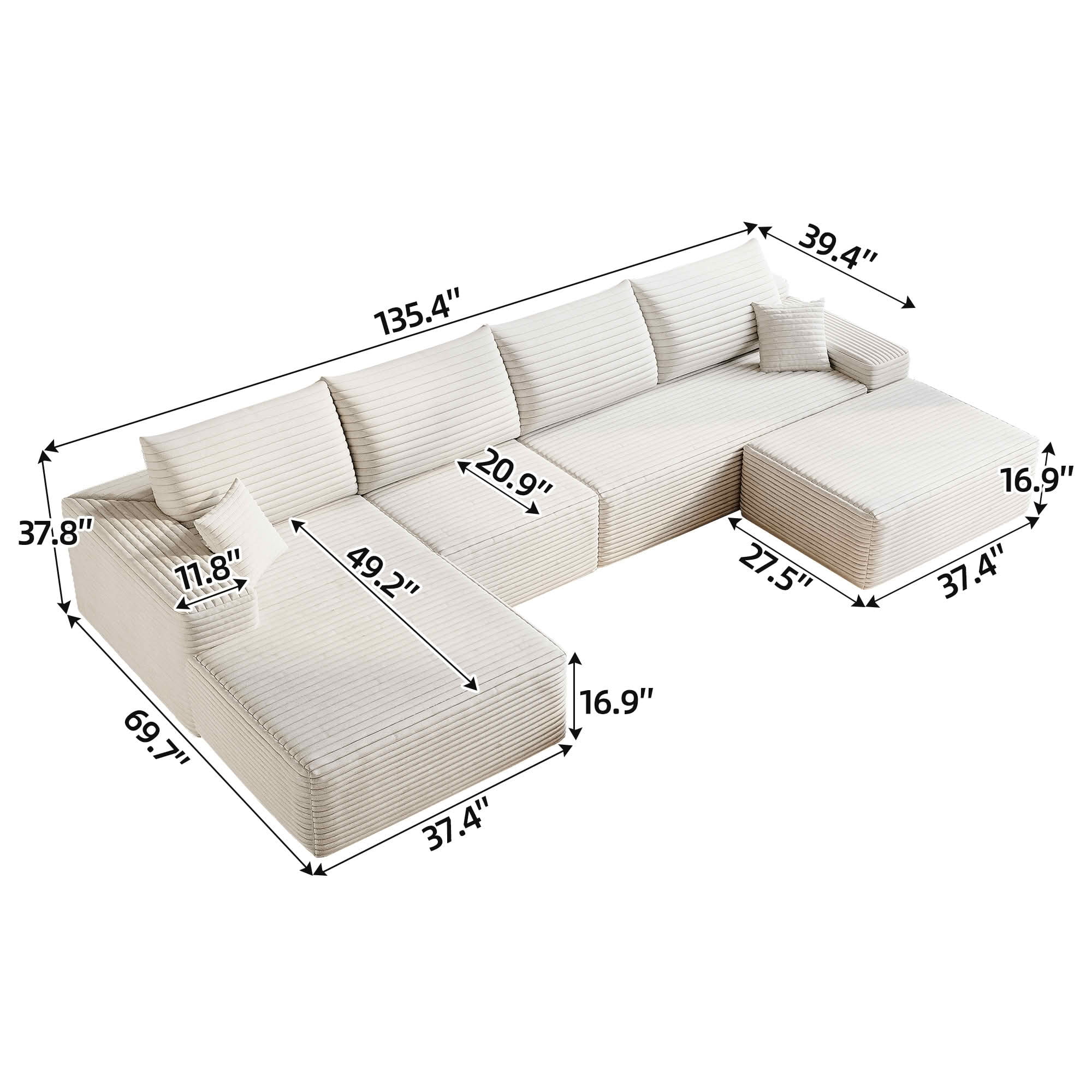 MAYEERTY 135" Cloud Sectional Sofa with Ottoman, U Shaped Deep Seat Couch, Plush Corduroy Fabric, No Assembly Required, Black&White