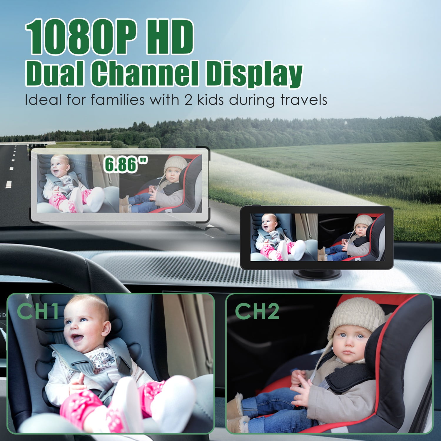 Moclever 1080P Baby Car Camera for 2 Kids, Dual Channel Car Baby Monitor with 120°Wide View 6.86in HD Split Screen Night Vision, Black