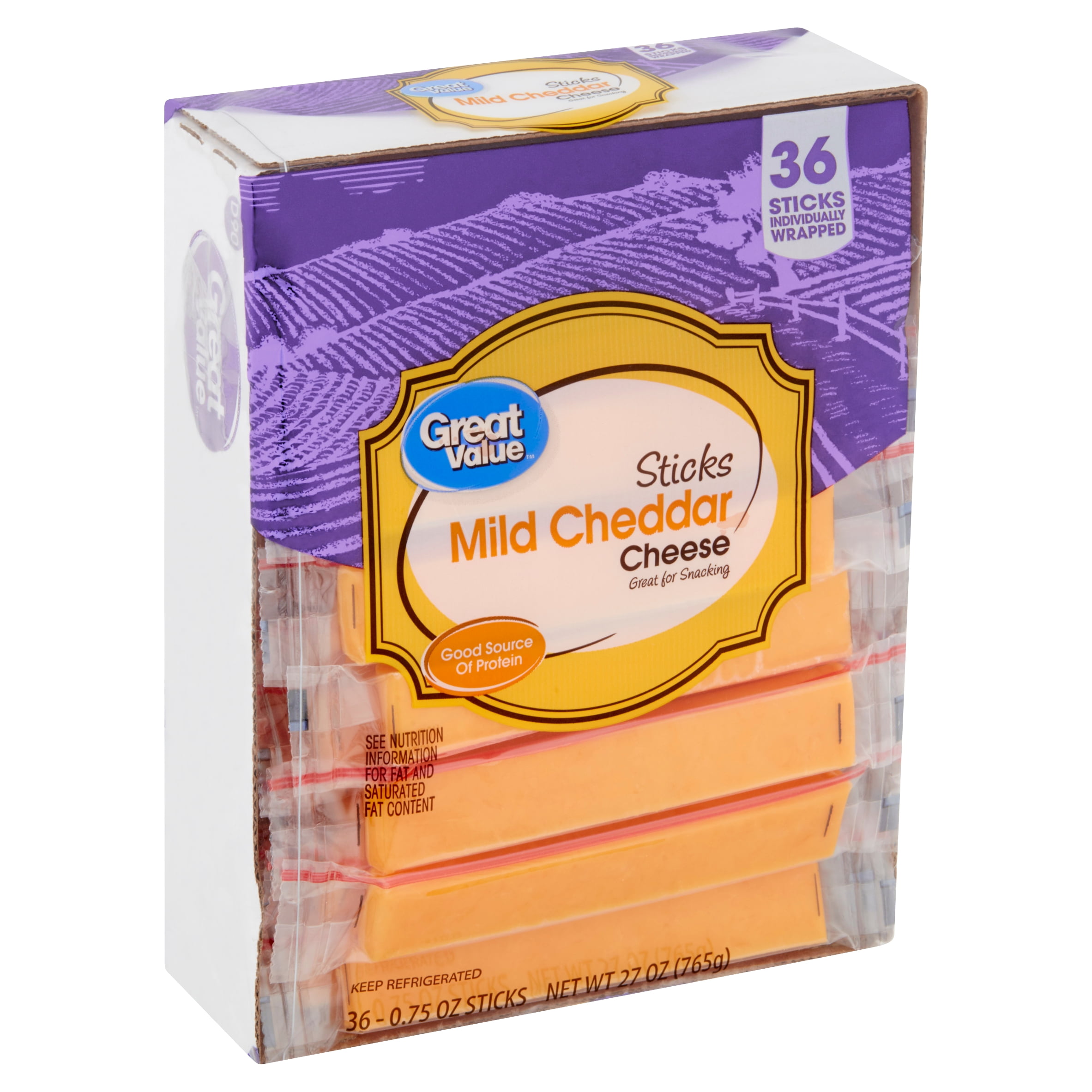 Great Value Sticks Mild Cheddar Cheese, 0.75 oz, 36 count
