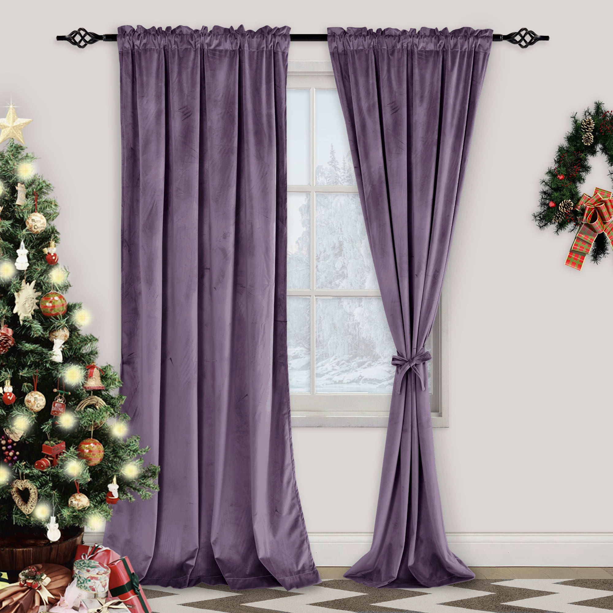XWZO Velvet Curtains 96 inch-Rod Pocket Blackout Curtains Room Darkening Window Drapes with Tiebacks for Bedroom Living Room, 52"W x 96"L, Lavender Purple, 2 Panels