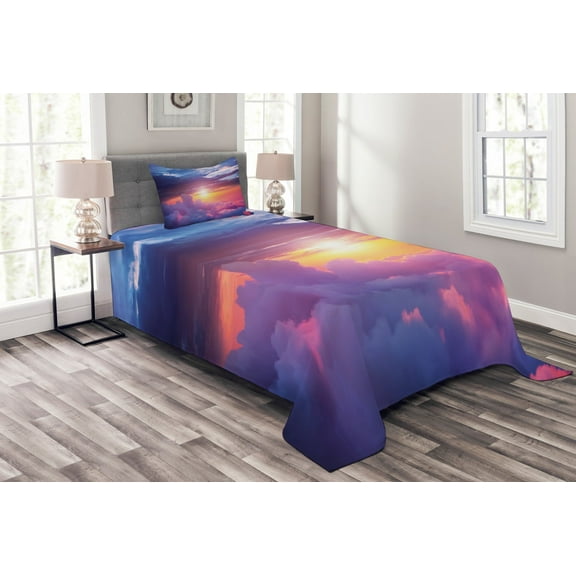 Ambesonne Landscape Quilted Bedspread Set 2 Pcs, Sunset Sky and Clouds, Twin Size, Blue Yellow Purple