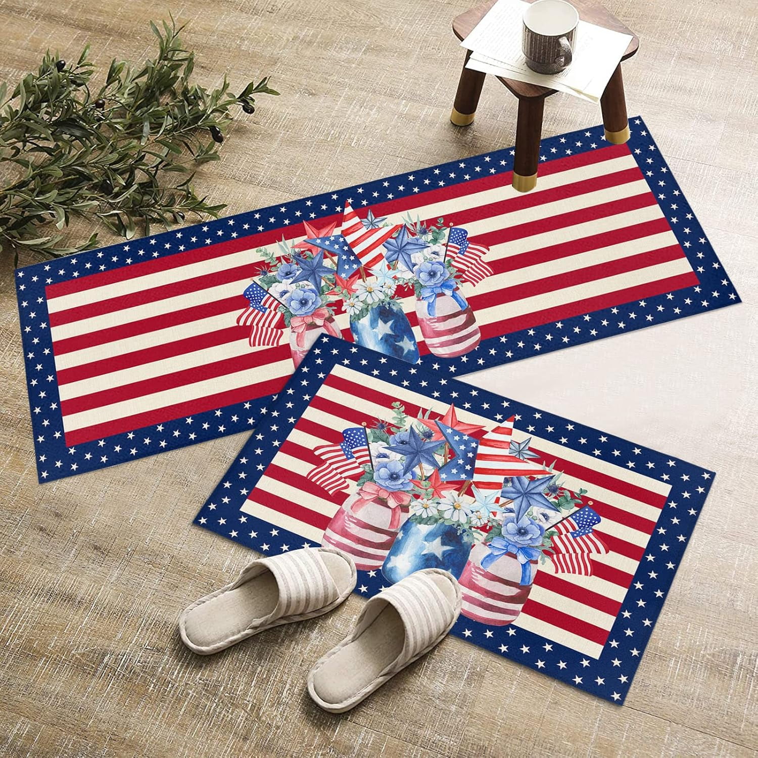 Memorial Day Kitchen Rugs and Mats Set of 2, America Poppy Floral in Bottle Non-Slip Floor Doormat Comfort Area Runner Rug and Mat, Star Striped Indoor Entrance Carpet Home Decor