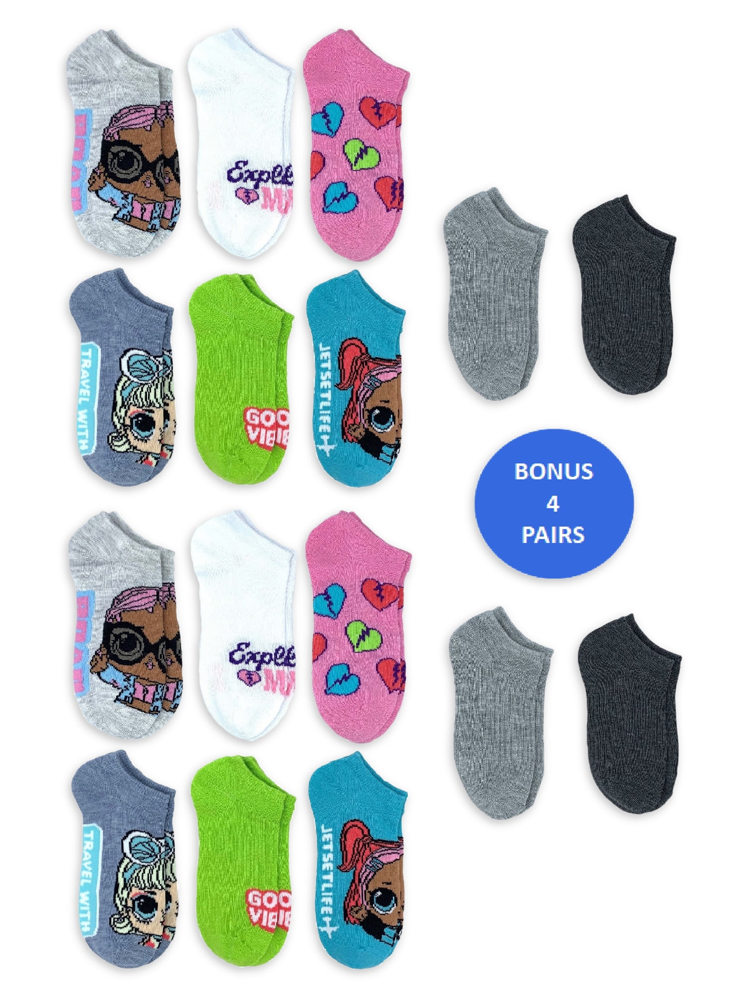 L.O.L. Surprise! Girls No Show Socks, 16Pack, Sizes SL