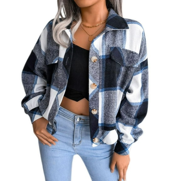 Defitshape Women's Long Sleeve Plaid Shirt Jacket Soft Flannel Fall Crop Top Vintage Fashion Casual Loose Short Button Down Shacket Navy Small