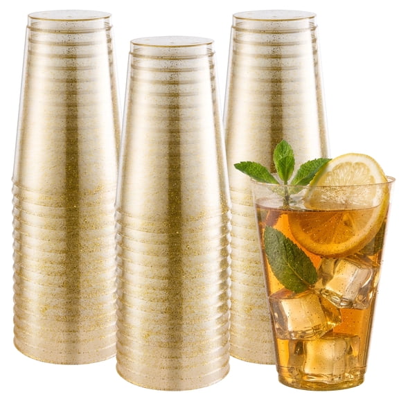 Goodluck 50 Pack 14 oz Gold Glitter Plastic Cups, Disposable Cocktail Glasses for Wedding, Birthday, Party and Holiday