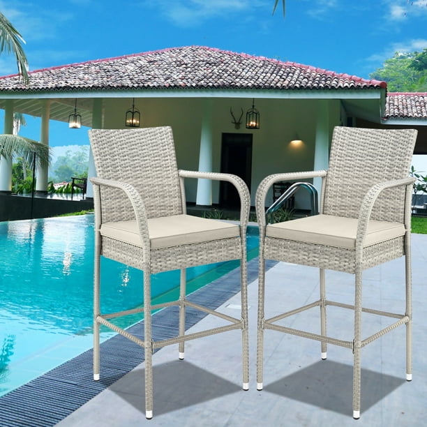 2 Piece Bar Stools for Outdoor, Upgraded Gray Wicker Bar Stool Chairs