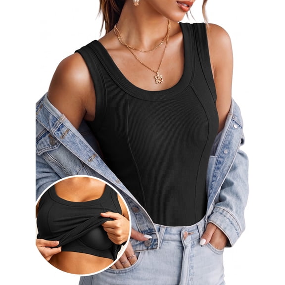 Anygrew Women Built-in Bra Tank Tops Sleeveless Casual Shirts Racerback Ribbed Fitted Tank Tops Casual Basic Slim Fit Ribbed Top