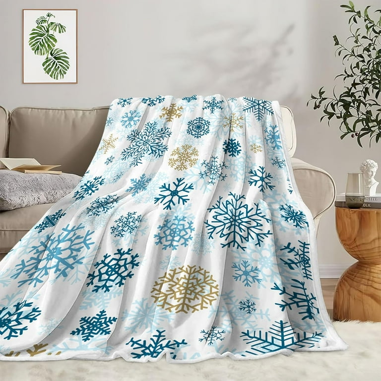 Christmas Throw Blanket, Blue Gold Snowflake Christmas Fleece