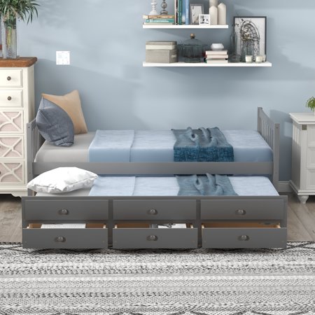 Captain s Bed with a Twin Size Trundle and 3 Storage Drawers  No Box Spring Needed for Kids Teens and Adults(Gray)