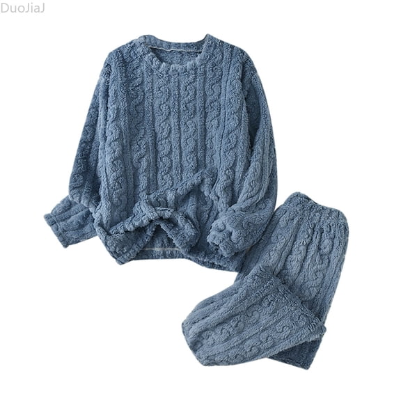 DuoJiaJ 2 Piece Pajamas for Women Set Loungewear Outfits Knit Sweater Womens Long Sleeve Fuzzy Pajama Sets Blue One Size