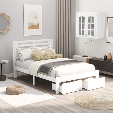 SESSLIFE Platform Full Bed Frame with 2 Storage Drawers and Wood Slat Support  No Box Spring Needed  White