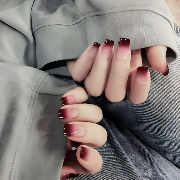 RAGUPEL 24Pcs/set Fake Full Finger Nails Wine Red Gradient Color Acrylic False Nail Tips with Glue for Lady