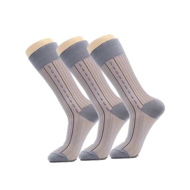 Luxtrada - 3 pares de calcetines de seda para hombre, transparentes, de vestir, ultrafinos, a rayas, para verano, color gris