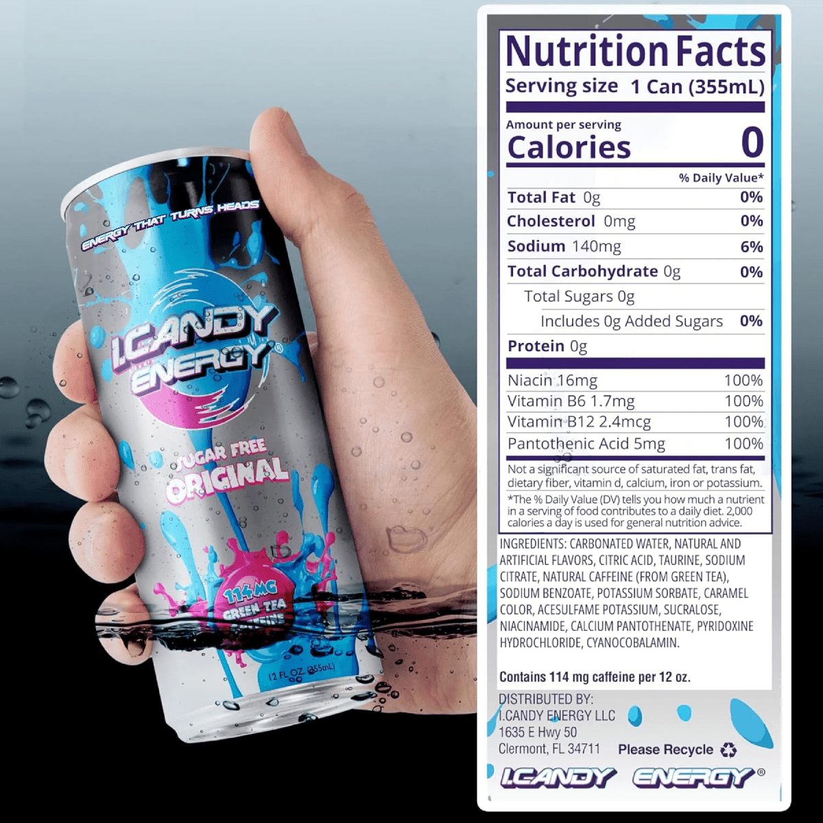 I.Candy Sugar Free Energy Drinks, Zero Sugar Energy for Real Life, Bold Flavor and Clean Boost, 100 Percent Daily Vitamins B3 B6 B12, Natural Caffeine, 12 Pack, 12 Fl Oz