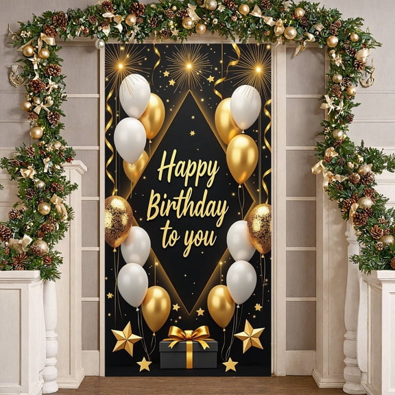 Gold Glitter Banner Black Background Birthday Party Backdrop Golden Ribbon Shiny Elements Celebration Display for Adult Birthday Party Indoor Party Celebration Photo Shoot Background