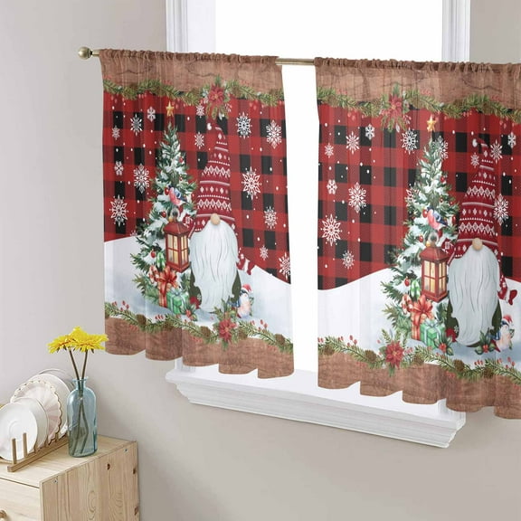 Red Plaid Christmas Sheer Curtains 54 Inches Long, Gnomes Xmas Tree Snowflake Gifts Retro Light Filtering Window Curtains for Living Room, Rod Pocket Voile Sheer Curtain Drapes, 52"Wx54"L, 2 Panels