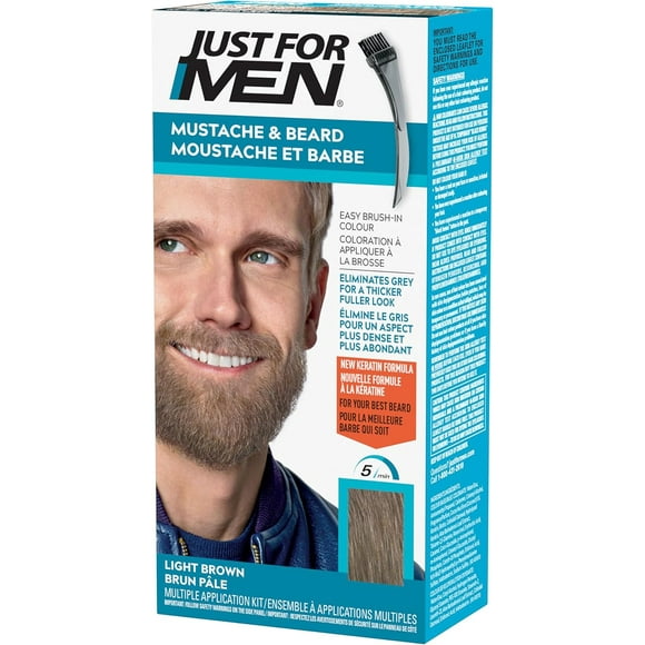 Just For Men Mustache & Beard, Beard Dye for Men with Brush Included for Easy Application, With Biotin Aloe and Coconut Oil for Healthy Facial Hair, Light Brown, M-25 (1 Count), Packaging May Vary